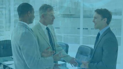 Animation of financial data processing over three diverse businessmen discussing at office - Powered by Adobe