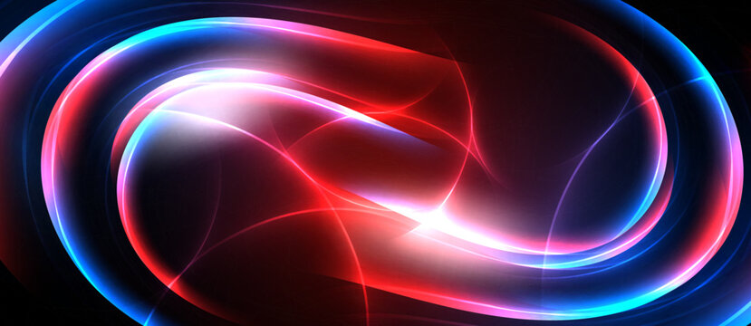 Bright abstract swirls, red plus blue hues dominate. Light radiates from center, creating dynamic visual effect. Dark background enhances contrast.