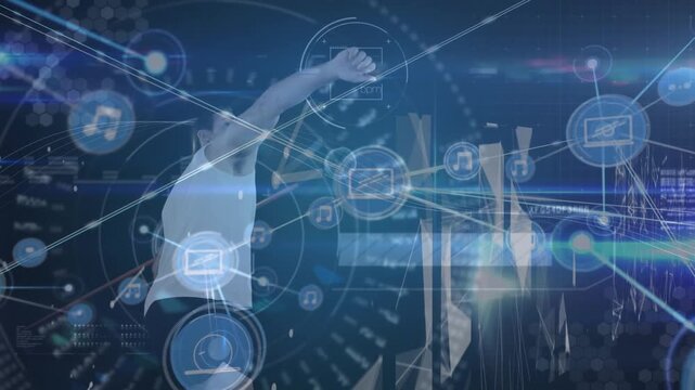 Animation of network of connections and data processing over javelin thrower