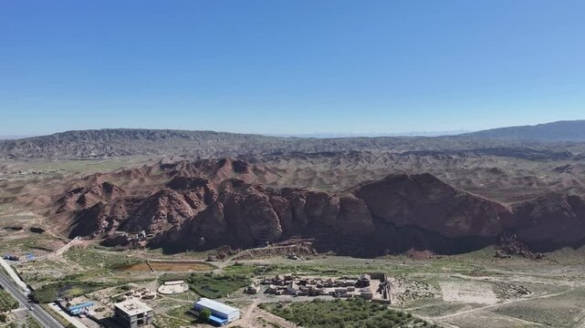 Dunhuang City and Red Rock Formations, Gansu Province, China Aerial View
