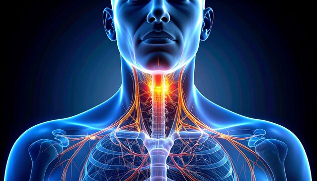 Anatomical illustration of vagus nerve glowing in yellow-orange through neck and chest, semi-transparent organs.