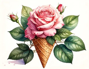 Rose ice cream A cone brimming with petals surrounded by green leaves. A lovely, floral twist on a classic treat