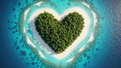 Aerial view of heart-shaped tropical island oasis.