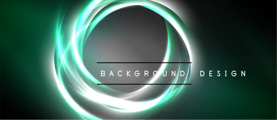 Dark background features glowing circular lines. Green hues dominate, creating futuristic visual effect. Text reads background design.