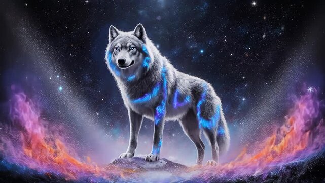 Mystical Wolf Standing on Rock with Flames.