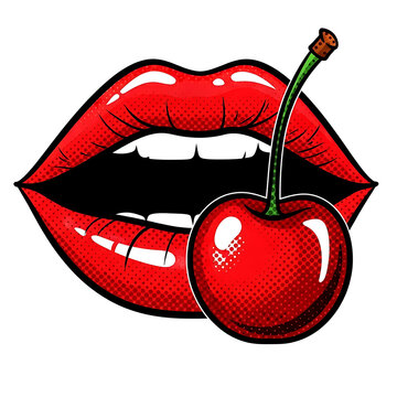 Vibrant lips cherry pop art illustration