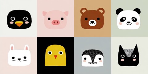 Obraz premium Eight colorful, simplified animal faces arranged in a square grid with different pastel backgrounds
