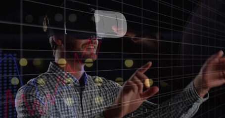 Animation of financial data processing over businessman wearing vr headset - Powered by Adobe