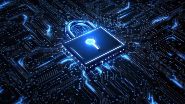 Digital security lock superimposed on a circuit board, glowing with blue light.