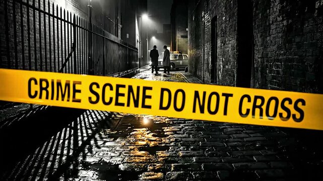 A stark yellow crime scene do not cross barrier tape dominates the foreground of a dark, wet alleyway where investigation is taking place at night.