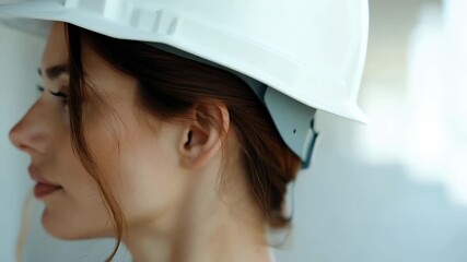 Mid adult woman architect wears a hardhat while working on construction site during the day