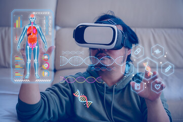 Innovative medical technology concept featuring doctor or man wearing VR goggles, interacting with a holographic human body scan and data visualizations, symbolizing advancements in healthcare