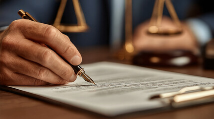 Employment contract review scene showing examined document representing agreement justice system professionalism office environment controlled lighting