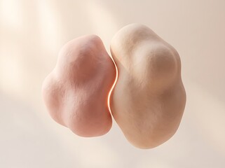Fototapeta premium Two minimalist 3D abstract organic shapes in soft pastel pink and beige almost touching with a thin glowing light gap between them, representing connection and intimacy.
