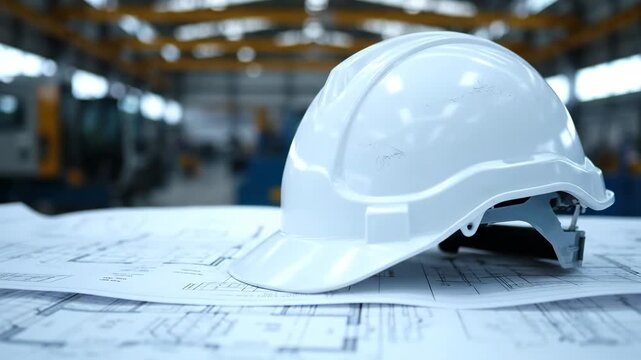 White Hard Hat on Blueprints - This video shows a white hard hat resting on a set of architectural blueprints. The background is a blurry industrial or construction setting.