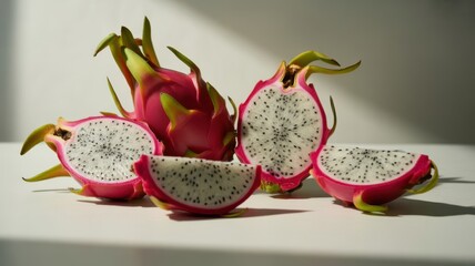 Whole and Sliced Dragon Fruit Pitaya on White Surface with Natural Light and Shadow - Healthy Exotic Food Illustration