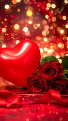 Red heart balloon and roses with bokeh background, romantic still life with red ribbon accents, soft focus