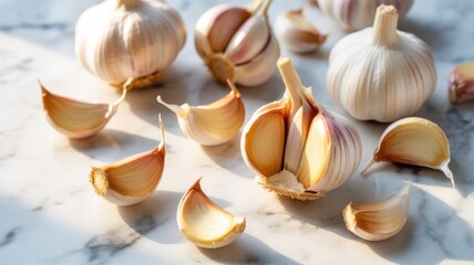 Whole Garlic Bulbs and Cloves Scattered on Marble Surface with Natural Sunlight and Shadows - Food Ingredient Illustration