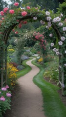 Winding Garden Path Through Rose Archway Illustration