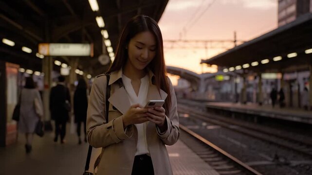 Young woman using smartphone at train station - A young Asian woman in a trench coat is standing on a train platform, looking at her smartphone and smiling.
