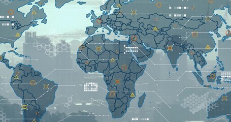 Animation of world map and data processing against aerial view of cityscape - Powered by Adobe