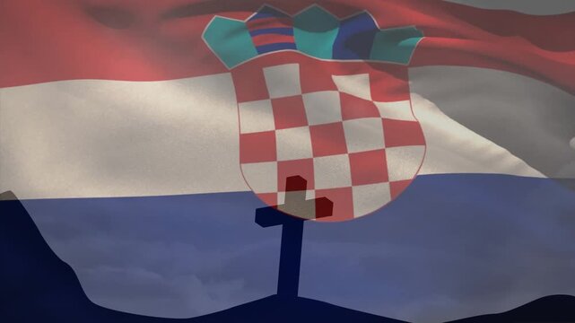 Animation of christian cross and flag of croatia