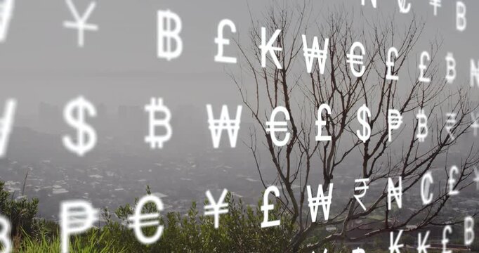 Animation of financial icons and currency symbols processing over cityscape