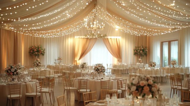 Beautifully decorated indoor wedding venue featuring elegant table settings and enchanting lighting for a memorable celebration