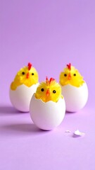 Three white eggshells house fluffy yellow chick figures, set against a light purple background