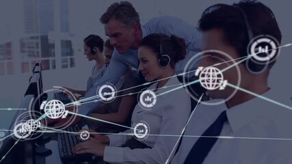 Animation of network of digital icons over caucasian businessman training executives at office - Powered by Adobe