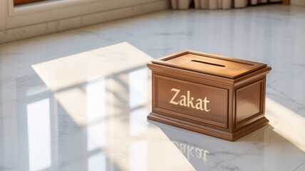 Wooden Zakat Box illustration on Marble Floor with Sunlight Shadows - Islamic Charity Concept