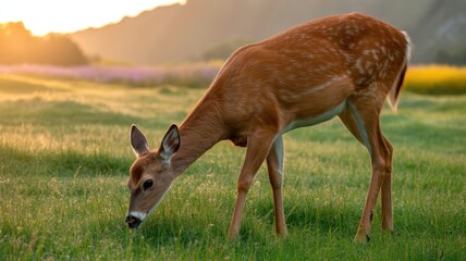 Young Deer Grazing in Golden Hour Meadow with Soft Sunlight and Bokeh Background - Nature Wildlife Illustration