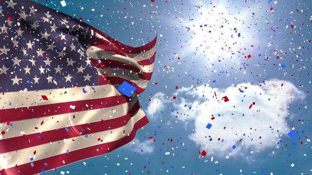 Animation of falling confetti and waving flag of america against sun in cloudy sky