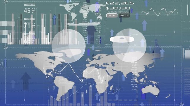 Animation of multiple graphs with map and arrows moving upwards on abstract background