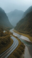 Winding Mountain Road Alongside River in Misty Valley Landscape Illustration