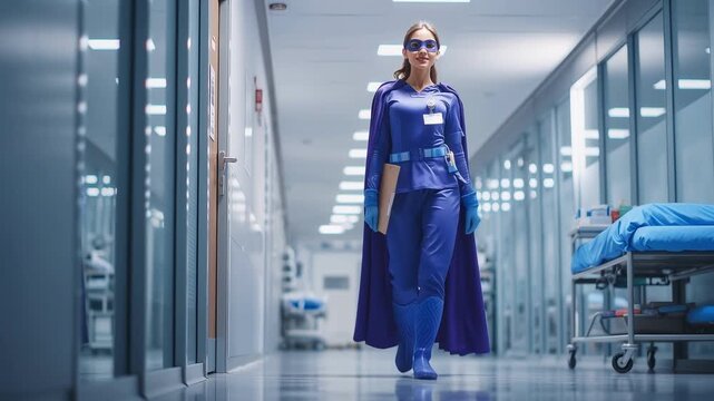 Asian female nurse in blue superhero costume walking confidently in hospital