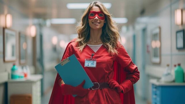Caucasian female nurse in red superhero costume walking proudly through hospital