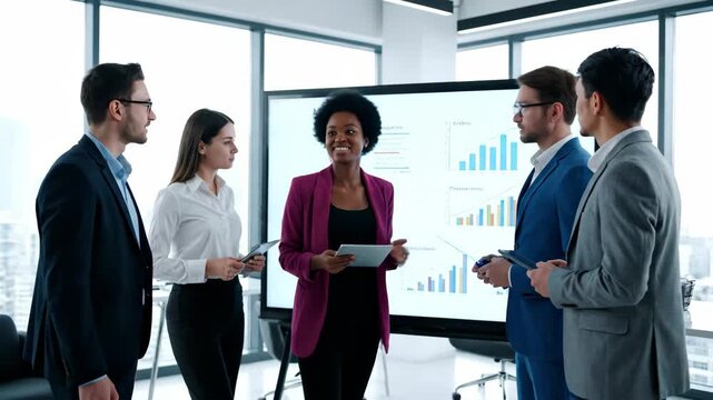 Business Team Reviewing Marketing Data - A diverse group of business professionals gathers around a large interactive screen, analyzing marketing data represented by charts and graphs.
