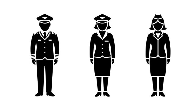 Pilot and stewardess silhouette icon set for aviation signage and branding