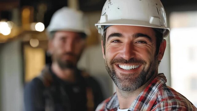 Renovation supervisor builder with hardhat brings positive energy and teamwork to a construction site while overseeing the project in a modern building