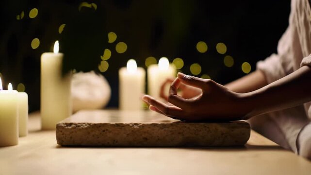 A serene video of a diverse model's hands in a meditative pose, wearing muted natural fiber clothing, with four white pillar candles on a stone slab in a minimalist sanctuary, softly lit by golden