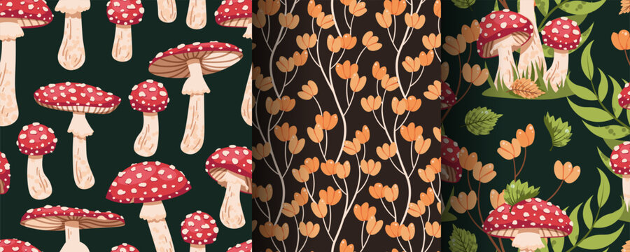 Set Of Seamless Patterns With Mushrooms And Autumn Leaves In Flat Style. Seasonal Fly Agaric Texture For Paper, Packaging, Wallpaper, Textile And Design. Forest Background Concept