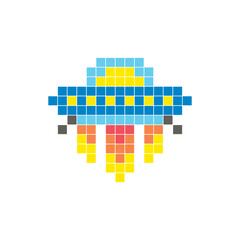 Fototapeta premium A flat pixel design made of geometric square color blocks on a clean icon layout. Pixel art UFO