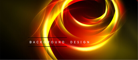 Abstract swirling lines, vibrant red, yellow hues. Dynamic energy radiates from central point, dark background enhances luminosity.