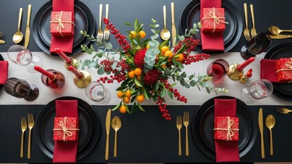 Elegant holiday dining experience with festive red and gold table settings, perfect for a luxurious celebration gathering