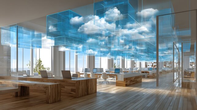 Cloud-based application deployment happens as diverse coders team up in a sunny workspace. - Powered by Adobe