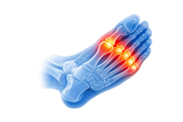 Human foot anatomy showing toe joint pain inflammation bones highlighted medical X-ray style illustration isolated on white background