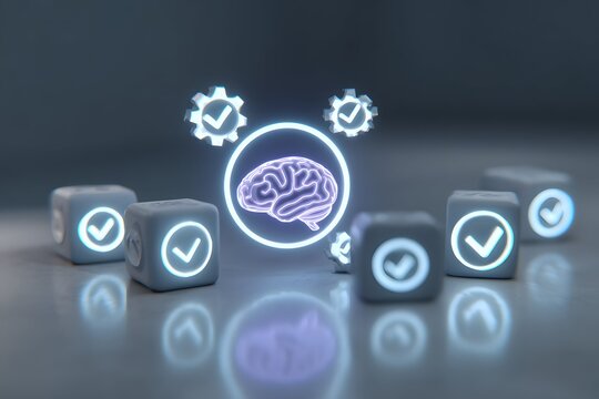 A glowing mind symbol engaged with tools, showing focus and daily habit boost.