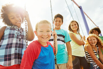 Happy, child and relax with friends on swing for playground fun, bonding together and sunshine. Below, kids and playing portrait at park for weekend break, holiday activity and development with flare
