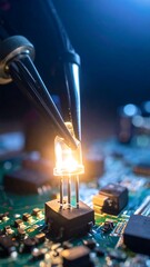 Soldering iron tip touches an LED on a circuit board, bright light, blurry background, electronic repair concept